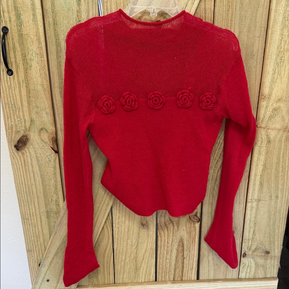 Red Knit Sweater with Floral Detail
